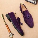 Vipkoala Brand Design Men Suede Leather Shoes Moccasins Purple Tassel Pointed Men's Loafers Vintage Slip-on Casual Men Social Dress Shoe