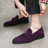 Vipkoala Brand Design Men Suede Leather Shoes Moccasins Purple Tassel Pointed Men's Loafers Vintage Slip-on Casual Men Social Dress Shoe