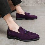 Vipkoala Brand Design Men Suede Leather Shoes Moccasins Purple Tassel Pointed Men's Loafers Vintage Slip-on Casual Men Social Dress Shoe