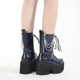 Vipkoala Blue Chunky Platform Boots Women Mid Calf Combat Boots Chains Metal Decoration Gothic Rave Shoes Cosplay Accessories Goth