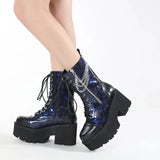 Vipkoala Blue Chunky Platform Boots Women Mid Calf Combat Boots Chains Metal Decoration Gothic Rave Shoes Cosplay Accessories Goth