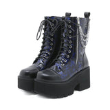 Vipkoala Blue Chunky Platform Boots Women Mid Calf Combat Boots Chains Metal Decoration Gothic Rave Shoes Cosplay Accessories Goth