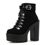 Vipkoala Lace Up Women Boots Platform Buckle Boot Winter Shoes Thick Heel Autmn Boots With Zipper Ankle Strap Black Suede Gothic