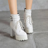 Vipkoala New Fashion PU Lacing High Heel Boots Women Thick With Belt Buckle Ankle Boots Square Heels Bare Foot Shoes White