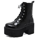 Vipkoala Woman Lace Autumn Boots Womens Ladies Chunky Wedge Platform Black Patent Leather Ankle Boots Punk Goth Shoes Lace Up