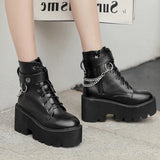 Vipkoala New Sexy Chain Women Leather Autumn Boots Block Heel Gothic Black Punk Style Platform Shoes Female Footwear High Quality