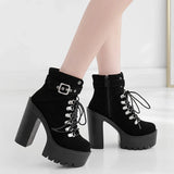 Vipkoala Lace Up Women Boots Platform Buckle Boot Winter Shoes Thick Heel Autmn Boots With Zipper Ankle Strap Black Suede Gothic