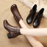 Vipkoala New Autumn Winter Thick Heel Ankle Boots Women Warm Boots Shoes Handmade Genuine Leather Flowers Zipper Retro Boots