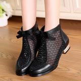 Vipkoala Spring Summer New Bow Genuine Leather Women Boots Hollow Mesh Ankle Boots Comfortable Low Heels Fashion Shoes