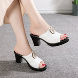 Vipkoala Summer Shoes Women Slides Thick Heels Slippers Non-slip Open Toes Sandals Genuine Leather Women Slipper