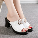 Vipkoala Summer Shoes Women Slides Thick Heels Slippers Non-slip Open Toes Sandals Genuine Leather Women Slipper