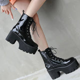 Vipkoala Woman Lace Autumn Boots Womens Ladies Chunky Wedge Platform Black Patent Leather Ankle Boots Punk Goth Shoes Lace Up