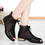 Vipkoala Spring Summer New Bow Genuine Leather Women Boots Hollow Mesh Ankle Boots Comfortable Low Heels Fashion Shoes