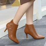 Fashion Buckle Ankle Boots Women Casual Brown PU Leather Short Boots Pointed Toe Heels Dance Party Shoes Female Large Size 45