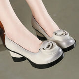 Vipkoala Spring Women Pumps Retro Lady 7CM High Heels Slip On Flower Pumps Handmade Women Genuine Leather Shoes