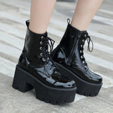 Vipkoala Woman Lace Autumn Boots Womens Ladies Chunky Wedge Platform Black Patent Leather Ankle Boots Punk Goth Shoes Lace Up