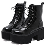 Woman Lace Autumn Boots Womens Ladies Chunky Wedge Platform Black Patent Leather Ankle Boots Punk Goth Shoes Lace Up