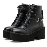 New Sexy Chain Women Leather Autumn Boots Block Heel Gothic Black Punk Style Platform Shoes Female Footwear High Quality