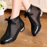 Vipkoala Spring Summer New Bow Genuine Leather Women Boots Hollow Mesh Ankle Boots Comfortable Low Heels Fashion Shoes