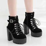 Vipkoala Lace Up Women Boots Platform Buckle Boot Winter Shoes Thick Heel Autmn Boots With Zipper Ankle Strap Black Suede Gothic