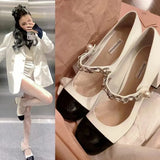 Vipkoala 2024 Women's Pumps Trend Thick Heel All-Match Girl Lolita Princess Woman Shoe Patent Leather Pearl Buckle Chain Women Shoes