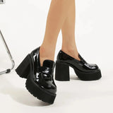 Vipkoala Chunky Platform Loafers Heel Patent Leather Slip On Casual Shoes Women Lady Office Shoes Japanese Lolita Black Heels