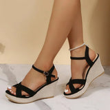 Vipkoala Black Beige Wedge Sandals for Women's 2024 New Platform Fish Mouth Cross Strap Fashion Shoes Female Summer Buckle Strap Sandal