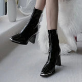 Vipkoala Fashion Women Thick High Heel Ankle Boots Solid Patent Leather Office Pumps 2024 Autumn Mujer Square Toe Short Boots