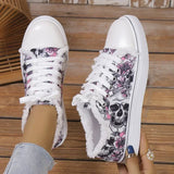 Vipkoala Halloween Women's Skull Bat Pattern Vulcanized Shoes Shoes Flat Shoes Fashion Lace Up Sneakers Female Casual Breathable Canvas Shoe 2024