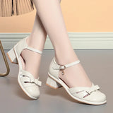 Vipkoala Comfortable Fashion Sweet Bow Close Head Leather Sandals Summer Med Block Heels Shoes for Office Mom Daily Girls