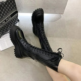 Vipkoala Women Motorcycle Boots Wedges Flat Shoes Woman High Heel Platform PU Leather Boots Lace Up Women Shoes Black Boots