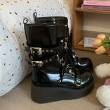 Vipkoala Wedges Platform Punk Style Motorcycle Boots Women Metal Buckle Decor Chunky Heel Knight Boots Fashion PU Lace Up Mid-Calf Boots