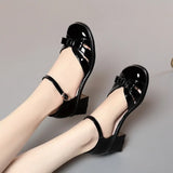 Vipkoala Comfortable Fashion Sweet Bow Close Head Leather Sandals Summer Med Block Heels Shoes for Office Mom Daily Girls