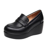 Vipkoala Genuine Leather Black Shoes Platform Thick Sole Wedges Shoes Woman Heightening Shoes Plus Velvet Winter Shoes