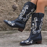 Vipkoala Black Embroidered Pu Leather Mid Calf Boots Women's Pointed Toe Western Cowboy Boots Fashion Plus Size 35-43 Womens Booties