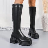 Vipkoala Platform Boots Women Black Chunky Leather Boots Winter Boots Woman Large Size Waterproof Fashion Thick Bottom Mid-Calf Boots