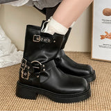 Vipkoala Winter Platform Synthetic Leather Boots Women Shoes Fashion Slip On Mid Heel Botas Ladies Retro Mordern Booties