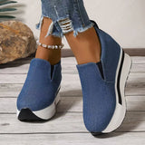 Vipkoala Women's Denim Wedges Heel Fashion Round Toe Sneakers Ladies Daily Casual Shallow Mouth Non-Slip Walking Women's Vulcanised Shoes