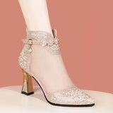 Summer New Fashion Pointed Mesh Breathable Rhinestone High Heel Buckle Large Comfortable Cool Boots Single Shoe Women