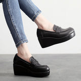 Vipkoala Genuine Leather Black Shoes Platform Thick Sole Wedges Shoes Woman Heightening Shoes Plus Velvet Winter Shoes