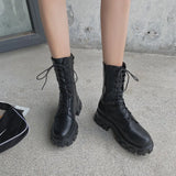 Vipkoala Women Motorcycle Boots Wedges Flat Shoes Woman Spring High Heel Platform Leather Combat Boots Lace Up Shoes Black Girls Platform