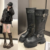 Vipkoala Brand Desinger Women Mid Calf Boots Chunky Platform Punk Motorcycle Long Booties Goth Street Cool Shoes For Women