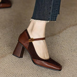 Vipkoala Women Genuine Leather  Pumps Square Toe Block High Heels Buckle Glove Shoes Ladies Fashion Shoes Spring Autumn