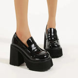 Chunky Platform Loafers Heel Patent Leather Slip On Casual Shoes Women Lady Office Shoes Japanese Lolita Black Heels