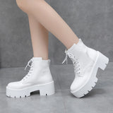 Vipkoala Autumn Winter Chunky Motorcycle Boots Women Punk Style Thick Bottom White Ankle Boots PU Leather Platform Booties Woman