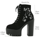 Vipkoala Halloween Flower Embroidery High Heel Ankle Boots for Women Autumn Gothic Style Motorcycle Retro Platform Boots Zipper