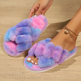 Vipkoala Winter Indoor House Cotton Slippers Women's Colourful Plush Fluffy Flip Flops Fashion Cross Flannel Warm Flats Slippers