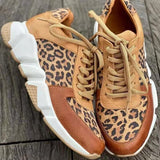 Vipkoala Plus size 36-44 New Thick-soled Round Toe Low-top Leopard Print Women&#39;s Singles Cross-large Stitching Lace-up Sneakers