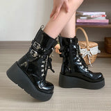 Vipkoala Wedges Platform Punk Style Motorcycle Boots Women Metal Buckle Decor Chunky Heel Knight Boots Fashion PU Lace Up Mid-Calf Boots