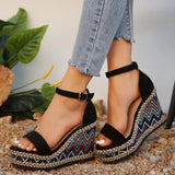 Simple Ethnic Style Slope Heel Sandals with One Button High Heel Women's Shoes